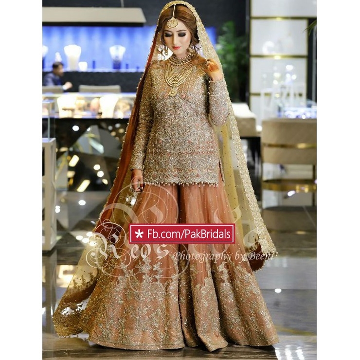 Rust Gold Bridal Sharara Suits With Long Kameez #BN1032, 40% OFF