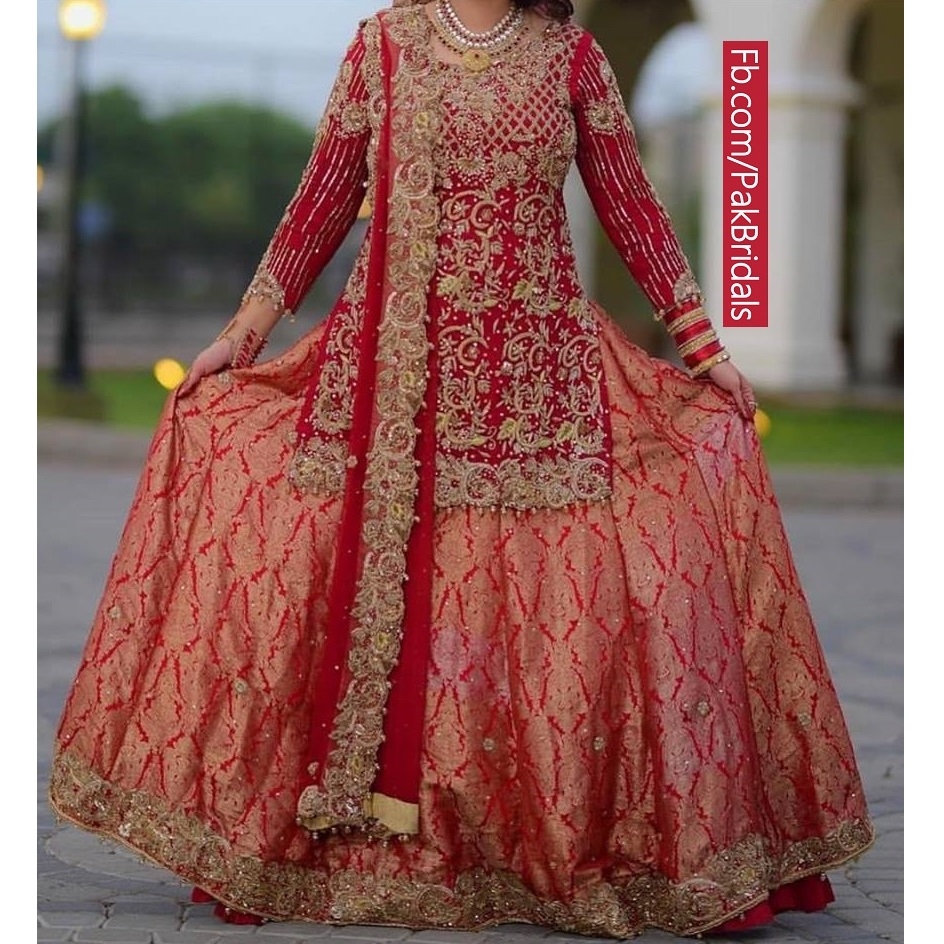 Latest Bridal Pishwas Dresses with Sharara Banarsi Jamawar Bridal Pishwas