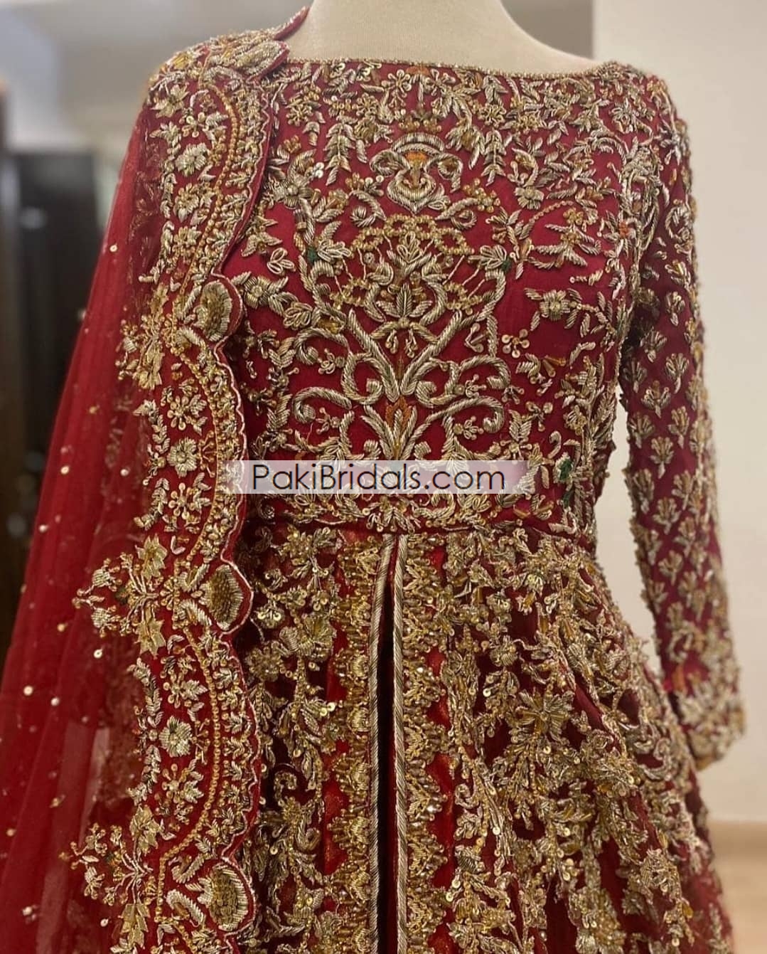 SOLID RED LONG FLARED HAND EMBELLISHED ANARKALI WITH DUPATTA – Saad Ibrahim