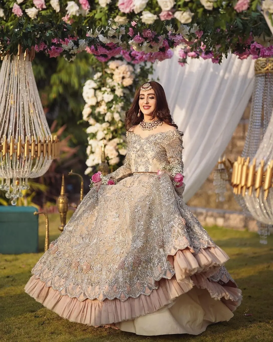Designer Ice Blue Walima Gown with Golden Embroidery -